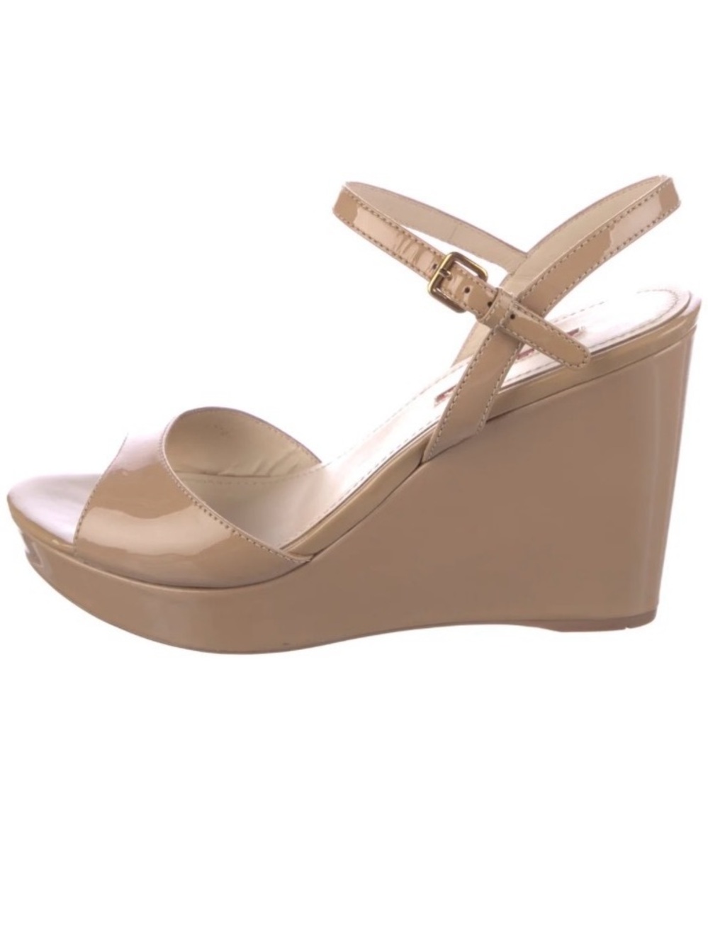 Prada Nude Patent Leather Wedge Sandals with Ankle Strap size 38